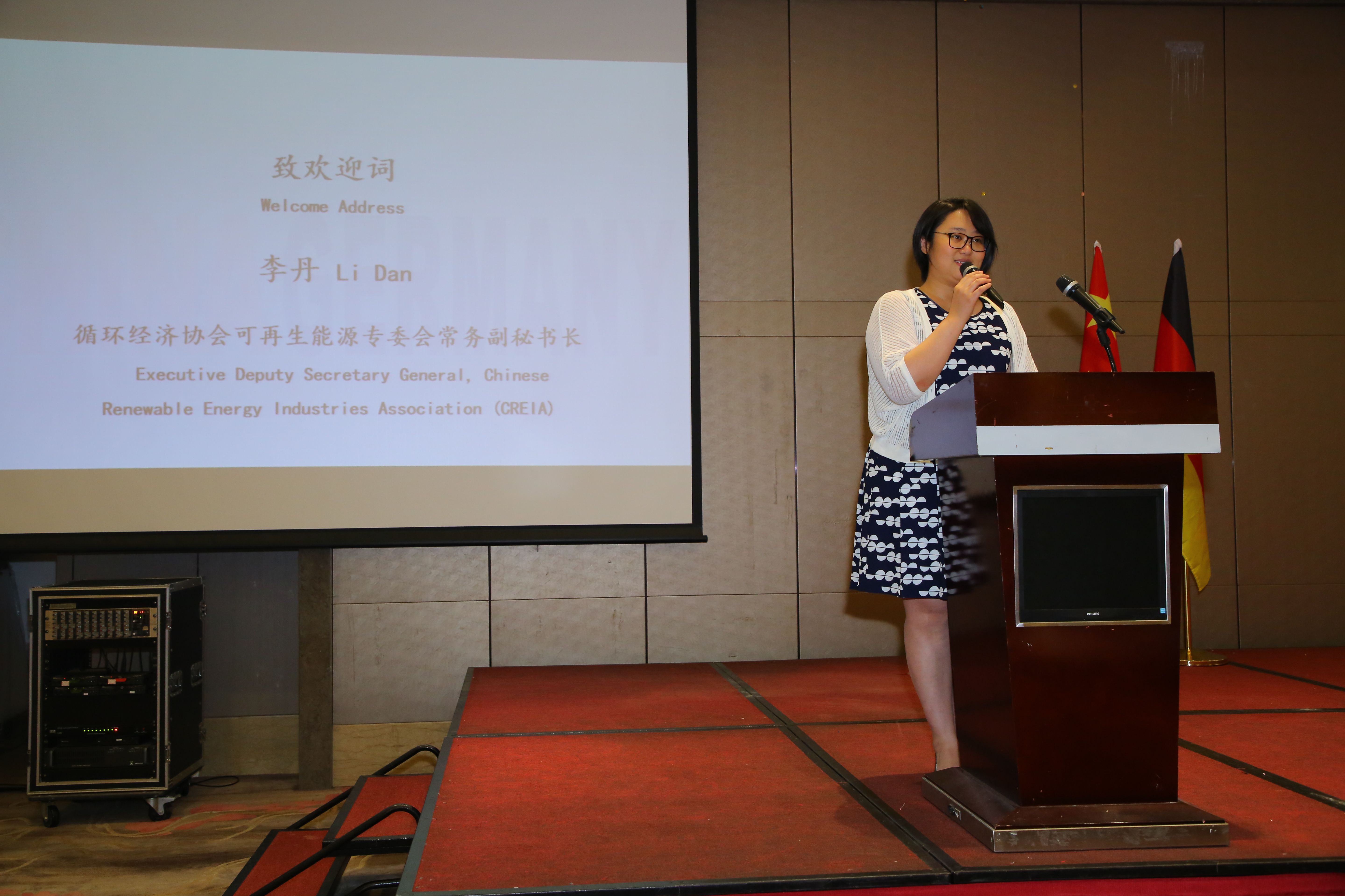 Ms. Li Dan, executive vice secretary-general of Chinese Renewable Energy Industries Association (CREIA) giving the opening speech during the roundtable event, ©CWEA 